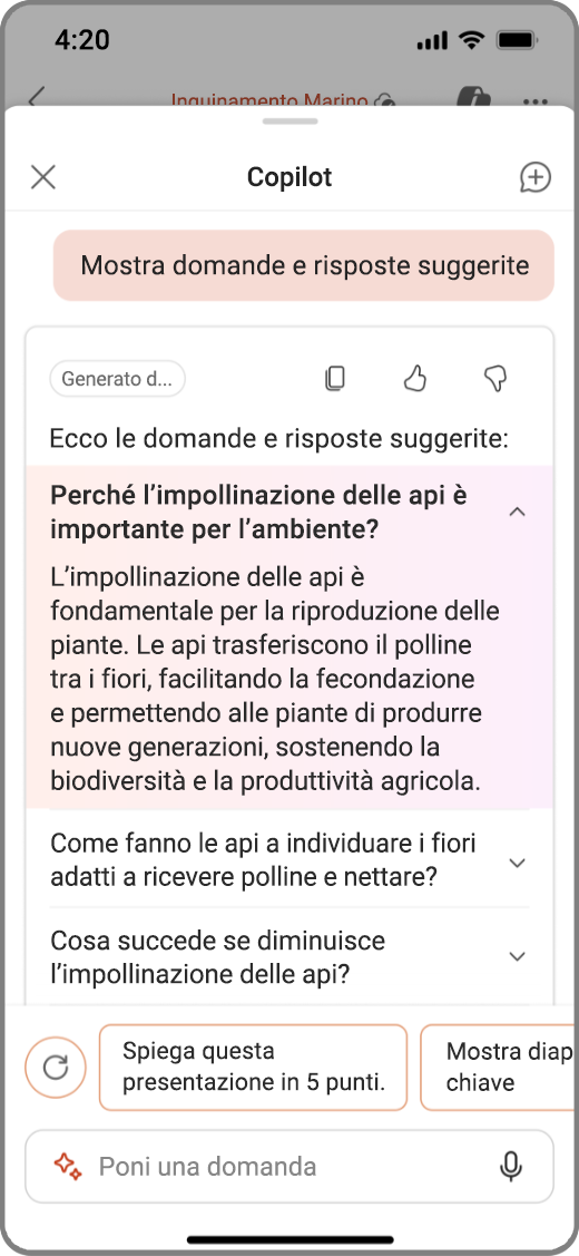 Screenshot di Copilot in PowerPoint nel dispositivo iOS con domande e risposte suggerite