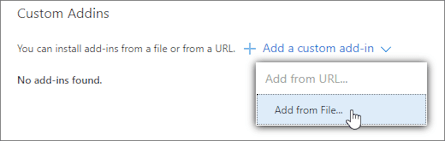 Opzione Aggiungi da file per caricare componenti aggiuntivi personalizzati in Outlook