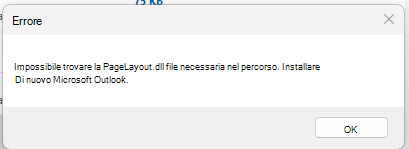 Screenshot del messaggio di errore "Impossibile trovare il file richiesto PageLayout.dll"