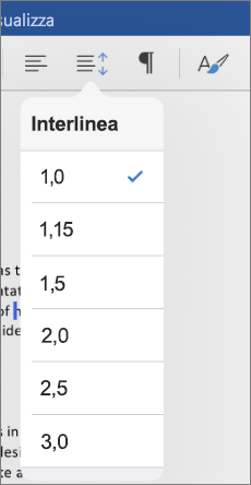 Mostra le opzioni di interlinea in Word per iPad.