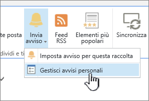 Pulsante Gestisci avvisi di SharePoint 2016 evidenziato