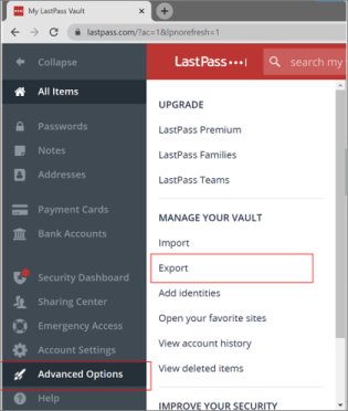 Desktop LastPass esportare le password locatio