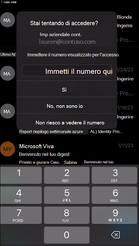 Una richiesta di autenticazione in Outlook, in attesa che l'utente digiti il numero visualizzato dal sito a cui sta tentando di accedere.