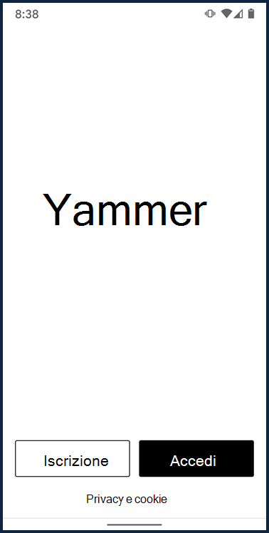 Screenshot che mostra la schermata di accesso per l'app Yammer Android