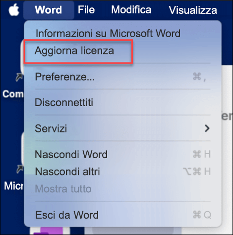 Individuazione del pulsante Aggiorna licenza in Microsoft Word in MacOS.