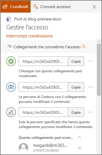 Screenshot del riquadro gestisci accesso che mostra i collegamenti di condivisione.