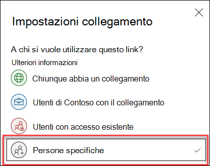 Impostazione collegamento in OneDrive con l'opzione Persone specifiche evidenziata.