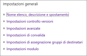 Collegamenti di Impostazioni generali per l'elenco