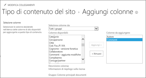 Aggiungere colonne esistenti al tipo di contenuto