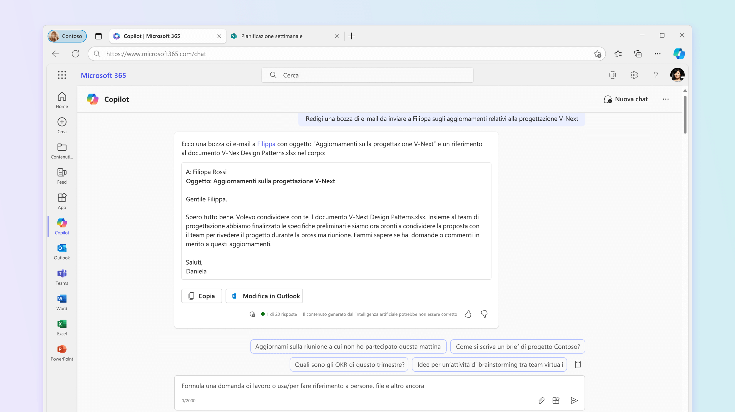 Lo screenshot mostra Microsoft 365 Chat che redige una email.