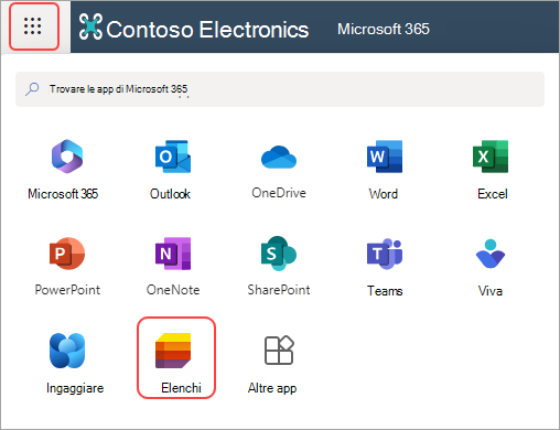 Screenshot dell'icona di avvio delle app e dell'app Elenchi in Microsoft 365.