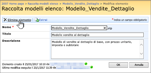 Pagina di modifica modelli di elenco con Modifica evidenziato