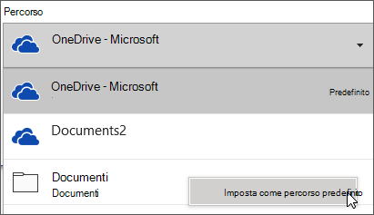La finestra di dialogo Salva file in Office 365 che mostra l'elenco delle cartelle espanso in modo che il cliente possa modificare la cartella di salvataggio predefinita