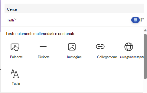Screenshot del riquadro per selezionare una web part con Pulsante, Divisore, Immagine, Collegamento, Collegamenti rapidi e Testo.