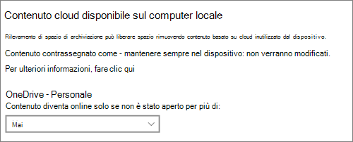 Elenco a discesa Archiviazione di Windows 10 per selezionare quando impostare i file di OneDrive solo online