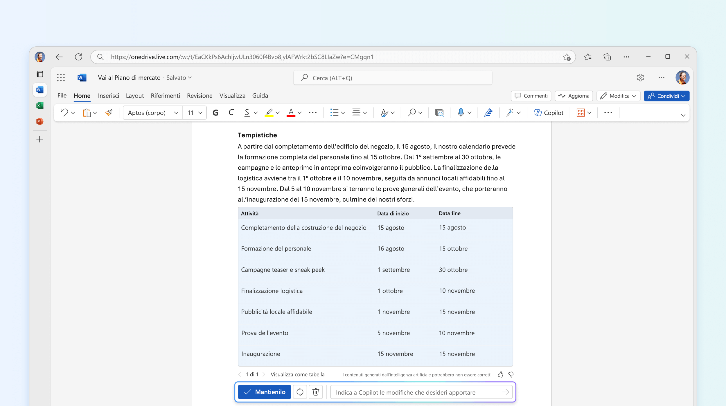 Screenshot del testo nella tabella in Copilot in Word
