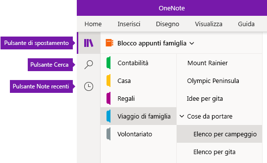 Barra di spostamento in OneNote per Windows 10