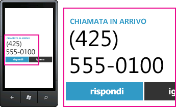 Schermata che mostra il numero di telefono di una chiamata in arrivo e il pulsante di risposta su un client mobile Lync