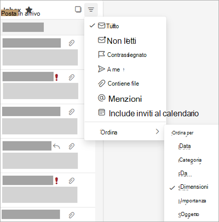 Screenshot del menu Filtra con l'opzione Ordina per selezionata