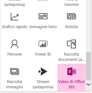 Screenshot del pulsante del menu Video di Office 365 in SharePoint.