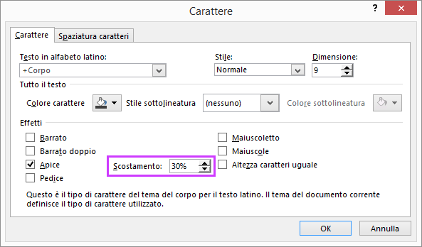Finestra di dialogo Carattere in PowerPoint