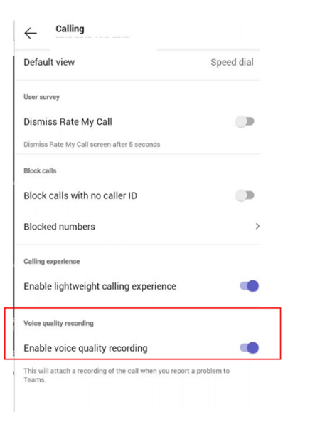 Immagine delle impostazioni del telefono fisso di Teams. Un riquadro rosso evidenzia l'impostazione per abilitare la registrazione della qualità vocale.