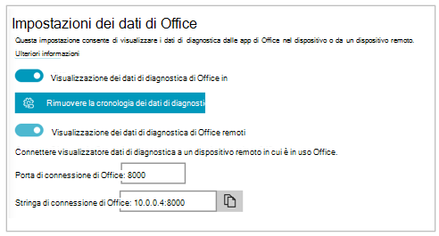 Screenshot della sezione "Impostazioni dei dati di Office" di Impostazioni per il Visualizzatore dati di diagnostica