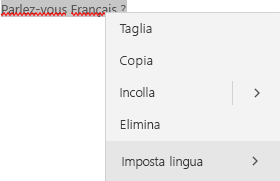 Testo in francese selezionato che mostra il menu contestuale su come impostare la lingua.