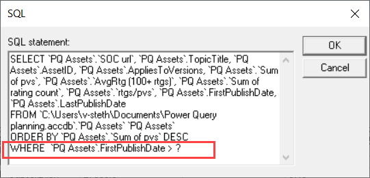 Visualizzazione SQL di MS Query che enfatizza la clausola WHERE