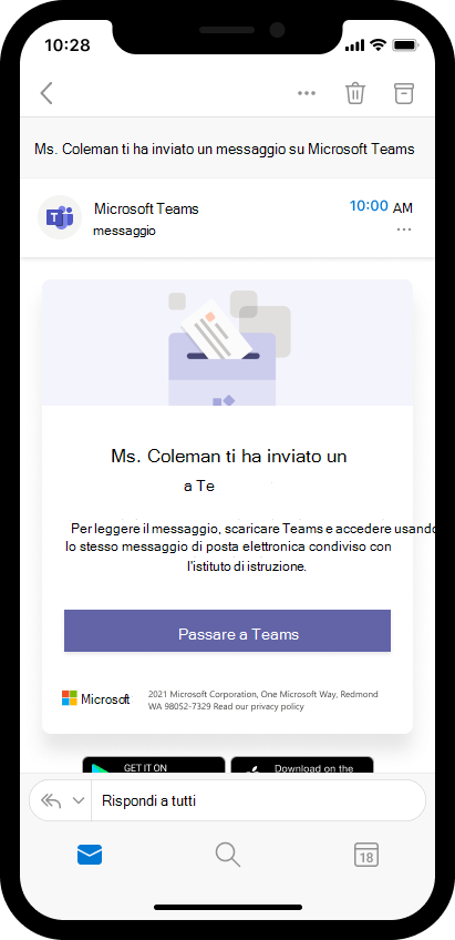 Screenshot della posta elettronica nel dispositivo mobile che invita il genitore ad aprire il messaggio del docente in Teams. 