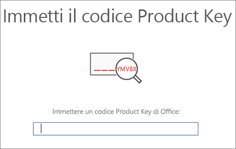 Mostra la schermata in cui si immette il codice Product Key di Office.