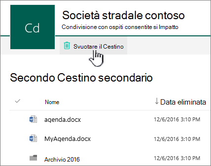 Cestino di secondo livello di SharePoint Online con pulsante Svuota Cestino evidenziato