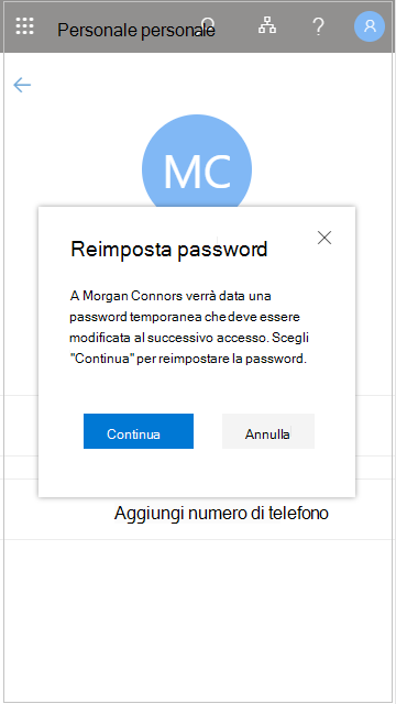 Reimpostare una password utente in Personale personale