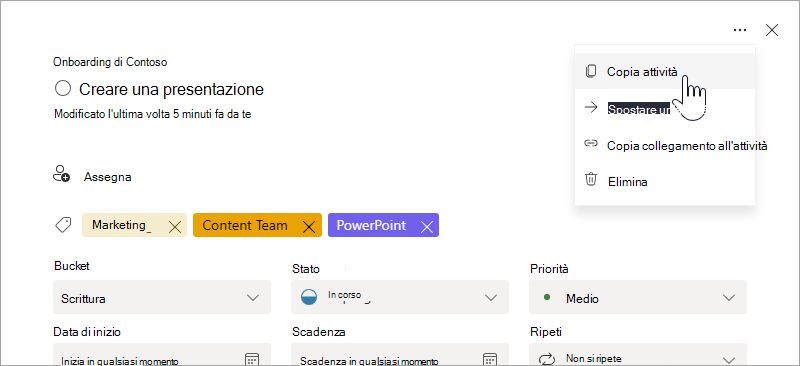 Selezione dell'opzione "Copia attività" nei dettagli dell'attività