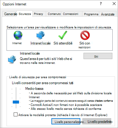 Scheda sicurezza delle opzioni di Internet Explorer, che mostra il pulsante livello personalizzato