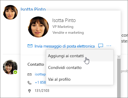 Screenshot di una scheda contatto aperta con l'opzione Aggiungi a contatti selezionata