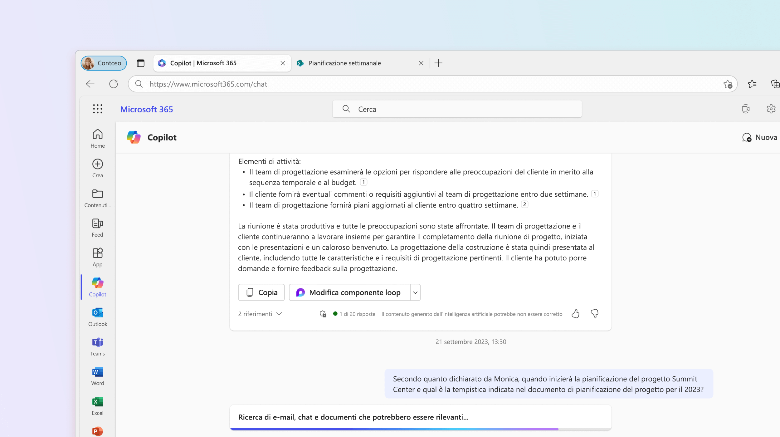 Lo screenshot mostra Microsoft 365 Chat che risponde a una domanda sulla pianificazione del progetto.
