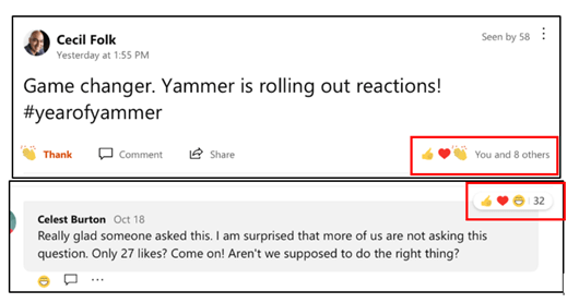 Screenshot che mostra le reazioni più diffuse in Yammer