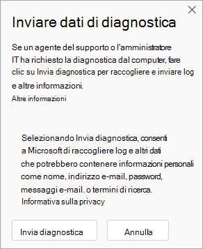 Screenshot della finestra che mostra come inviare i dati di diagnostica quando si parla con un agente