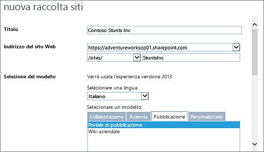 Finestra di dialogo Nuova raccolta siti (metà superiore) con l'opzione Portale di pubblicazione evidenziata