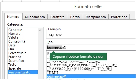 Esempio d'uso della finestra di dialogo Formato > Celle > Numero > Personalizzato per la creazione automatica di stringhe di formato in Excel.