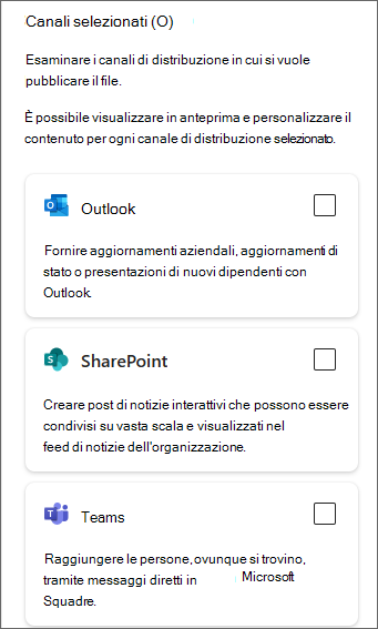 Screenshot del riquadro laterale che mostra le caselle di controllo per Outlook, SharePoint e Teams.