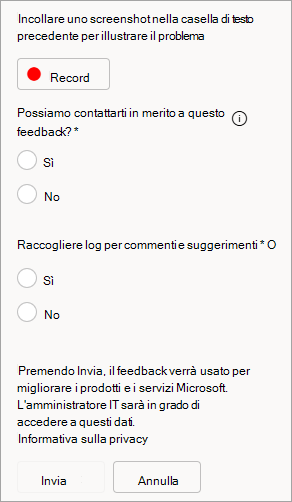 Screenshot che mostra l'opzione per consentire i log dei contatti e di invio durante l'invio di feedback