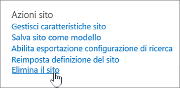 Menu Impostazioni sito con il comando Elimina sito evidenziato