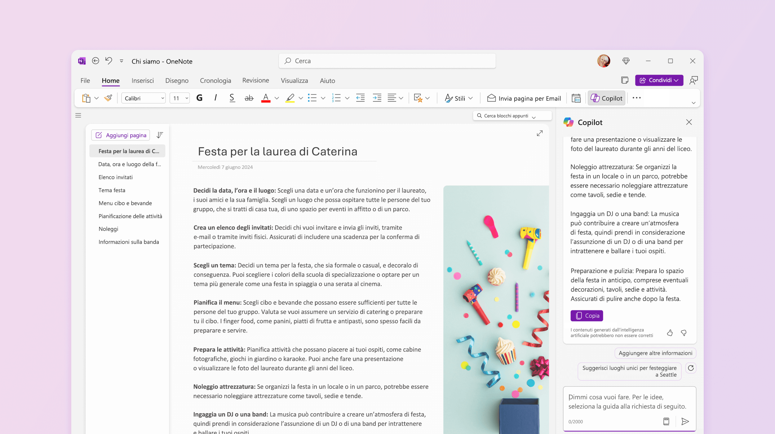 Screenshot che mostra Copilot in OneNote che fornisce suggerimenti da provare.