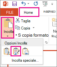 Nel menu Incolla, scegliere l'icona Mantieni formattazione originale.