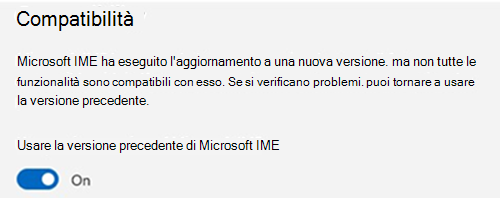 Screenshot della sezione compatibilità Microsoft IME