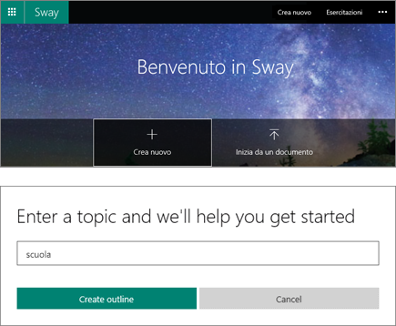 Screenshot composito della schermata Benvenuto in Sway e del riquadro Avvio rapido per l'immissione di argomenti.