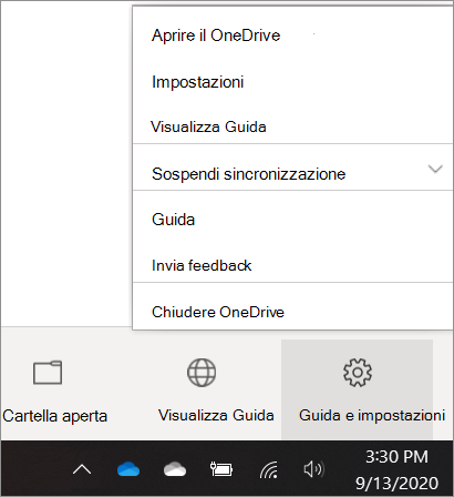 Screenshot che mostra l'accesso alle impostazioni di OneDrive