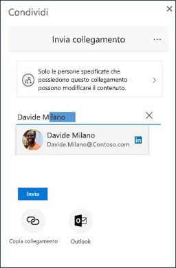 Finestra di dialogo di condivisione in OneDrive con un contatto di LinkedIn suggerito